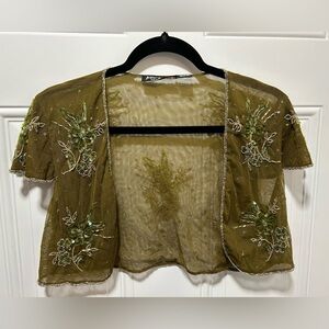 Betsey Johnson Metallic Beaded Sheer Olive Shrug